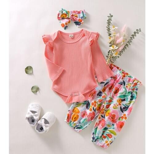 3pcs Toddler Infant Newborn Baby Girls Kids Long Butterfly Sleeve Romper Floral Pant Headband Playsuit Outfits Jumpsuit Clothes