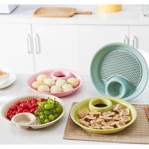 1PC Wheat Straw Round Double Layer Dumplings Drain Tray With Dipping Saucer Snack Plate Fruit French Fries Holder Dish Pan