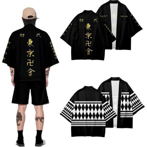 Men Short-sleeve Tokyo Revengers Cosplay Cloak Anime Black Top Summer Hanagaki Takemichi Ken Ryuguji Haori Kimono Loose Tops Tee