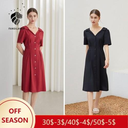 FANSILANEN Office Lady Red Black Suit Collar Dress Women Summer Hight Waist New French V-neck Professional Button Women Dress