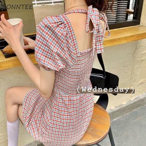 Short Sleeve Dresses Plaid Preppy Style A-Line Mini Square Collar Bow Back Casual Summer Students High Waist Korean Style Slim