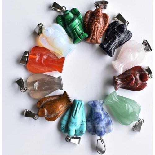 Wholesale12pcs/lot Fashion Carved Mixed natural Stone Angel charms Pendants for Necklace making jewelry Free shipping