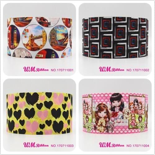 Q&N ribbon 3inch 75mm heart cartoon printed grosgrain ribbon webbing 50yards/roll for hair bows headband free shipping