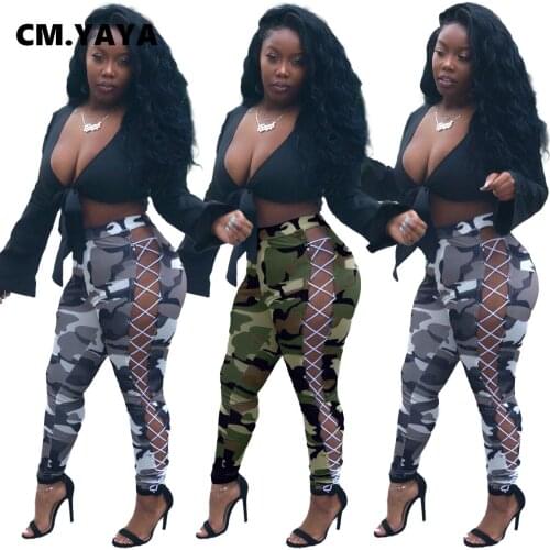 CM.YAYA Women Camouflage Print Lace Up Legging Pants Streetwear Sexy Camouflage Pants Trousers