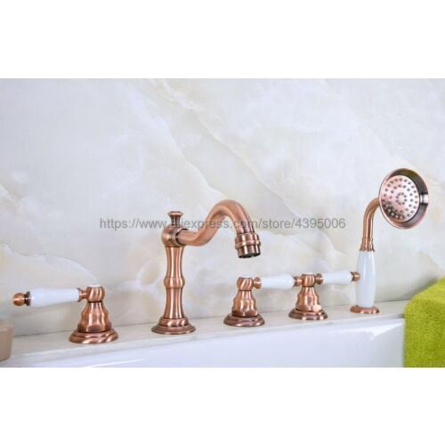 Bathtub Faucet Deck Mounted 5 Hole Tub Sink Mixer Taps Cross Handles Roman Tub Faucet with Handshower Btf227