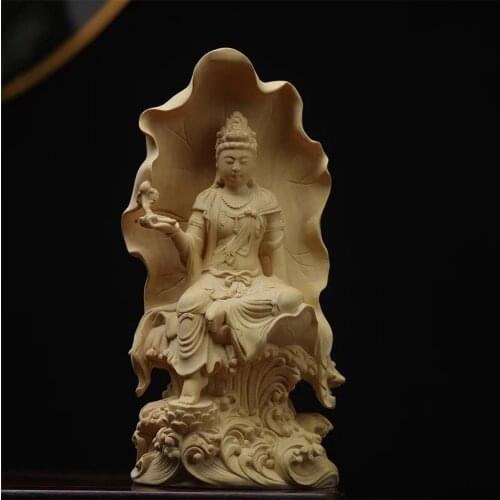 Boxwood 18cm Lotus Guanyin Sculpture Wood Guan Yin Buddha Statue Feng Shui Lucky Home Decor