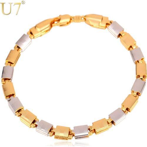 U7 Two Tone Gold Color Bracelet Unisex Jewelry Trendy 6 MM 21 CM Chain Bracelet For Men/Women H593
