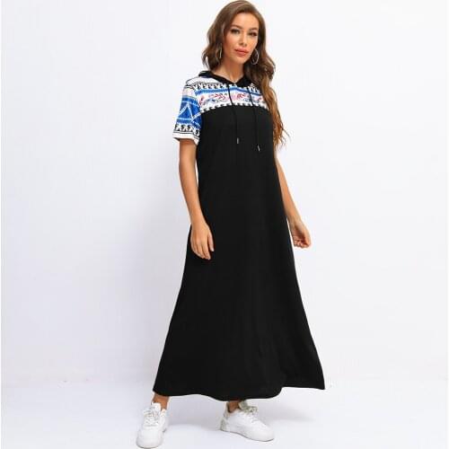 Fridayin Summer Fashion Hooded Sweatshirt Women O-Neck Party Casual Cotton Patchwork Midi Dress