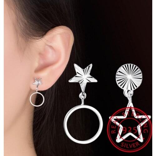 Personality 925 Sterling Silver Earrings For Women Geometrical Star Round Hollow Asymmetric Stud Earrings S-E528