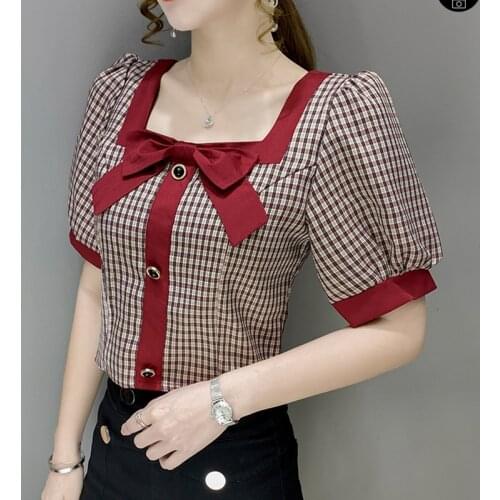 Womens Blouses Summer Chiffon Shirt French Square Collar Bowknot Plaid Top Kawaii Shirt Blusas Mujer De Moda 2021 Verano