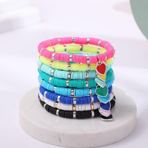 Heart Charms 6mm Bohemian Colorful Clay Bracelets For Women Summer Beach Charm Elastic Soft Pottery Female Bracelet Boho Jewelry