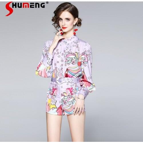 2021 Summer Temperament Womens clothing Macaron Purple Lantern Sleeve Long Sleeve Shirts Stylish Shorts Suit Two Pieces Set