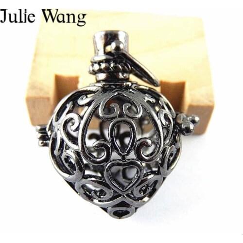 Julie Wang 1pcs Copper Gun Black Hollow Heart Shape Essential Oil Diffuser Locket Pendants DIY Perfume Jewelry Making Accessory