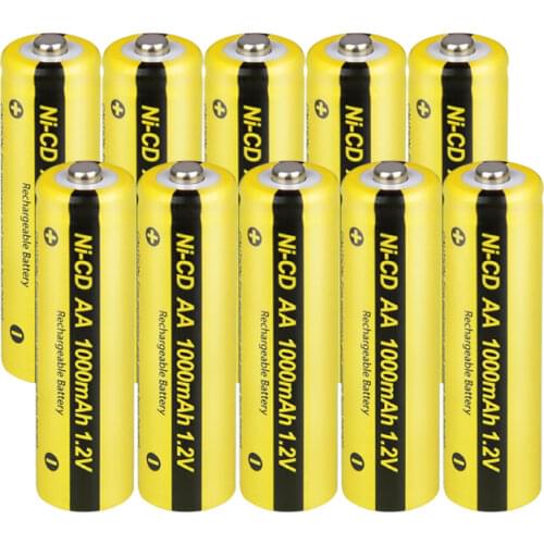 10pcs/lot NiCd AA Battery 1000mAh 1.2V Ni-Cd Rechargeable Batteries For LED Lights Button Top
