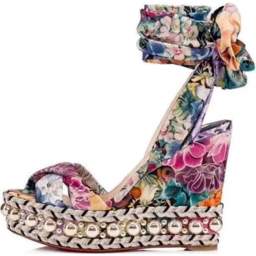 Fashion Flower Printed Lace-up Wedge Sandals Woman Sexy Open Toe Rivets Studded Platform Heels Summer Gladiator Shoes BOHO