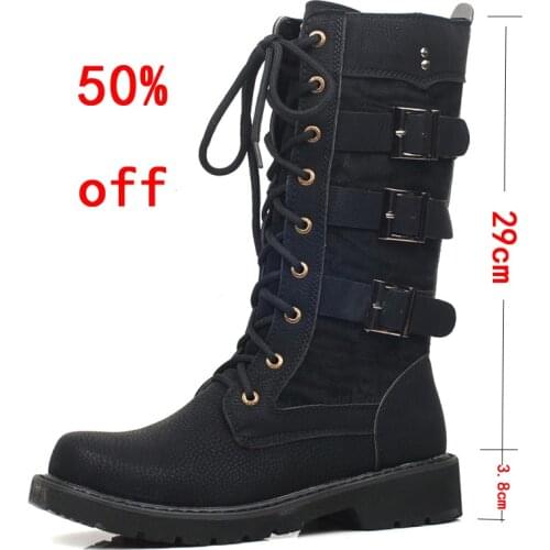 Mens Leather Motorcycle Boots Mid-calf Military Combat Boots Gothic Belt Punk Boots Men Shoes Tactical Work boots
