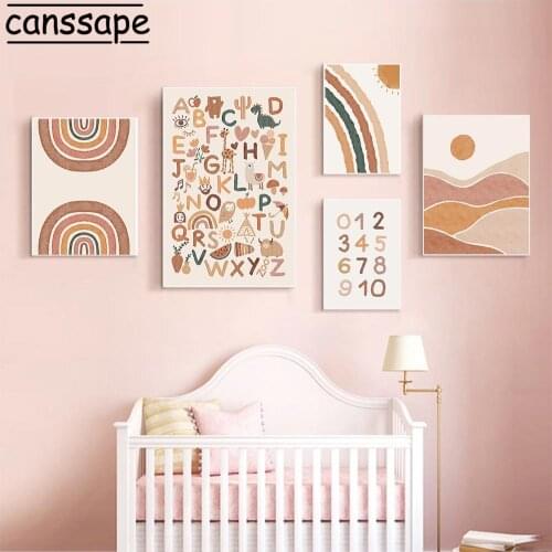 Nursery Wall Art Print Alphabet Poster Rainbow Sun Canvas Prints Bear Alpaca Painting Boho Wall Pictures For Baby Bedroom Decor