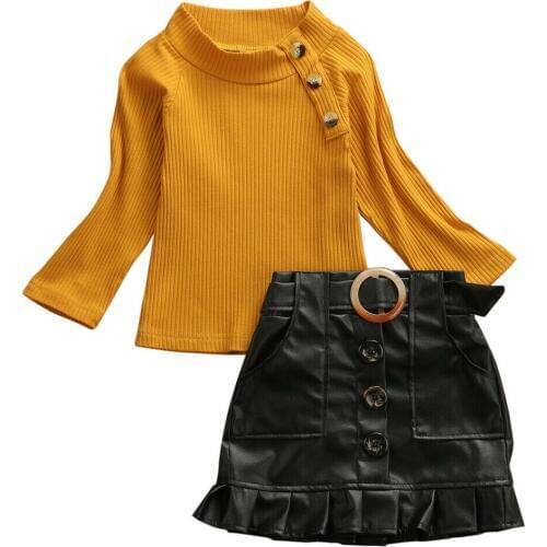 1-6Y Toddler Kid Baby Girl Clothes Set Knitted Long Sleeve T Shirt Tops+Ruffles Pu Leather Skirt Autumn Winter Kid Girl Costumes
