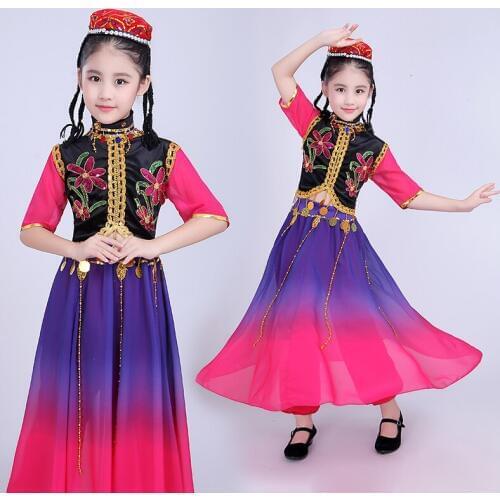 Adult Childrens Xinjiang minority dance performance dress open ceremony dance big pendulum dress Uygur Stage dance dress