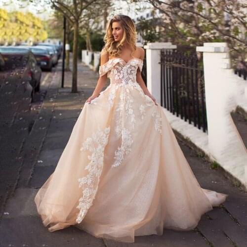 Off the Shoulder Champagne Tulle A-line Elegant Wedding Gowns Bling Bling Sexy Lace Applique Bridal Dresses