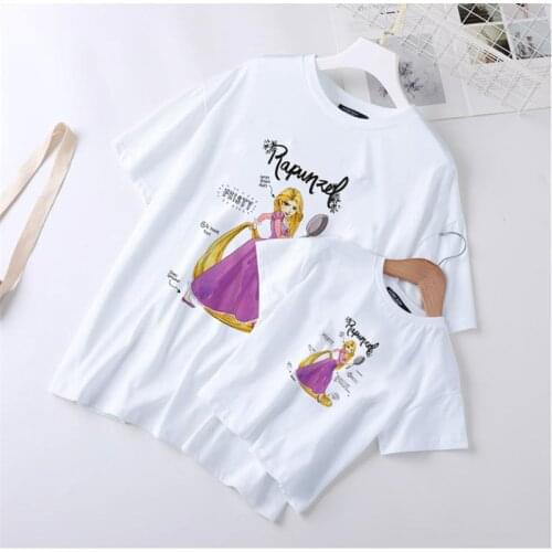 Fashion Family Matching T Shirt Rapunzel Disney Princess Printed Mommy And Me Tshirts Summer White Girls Ladies Tops Streetwear