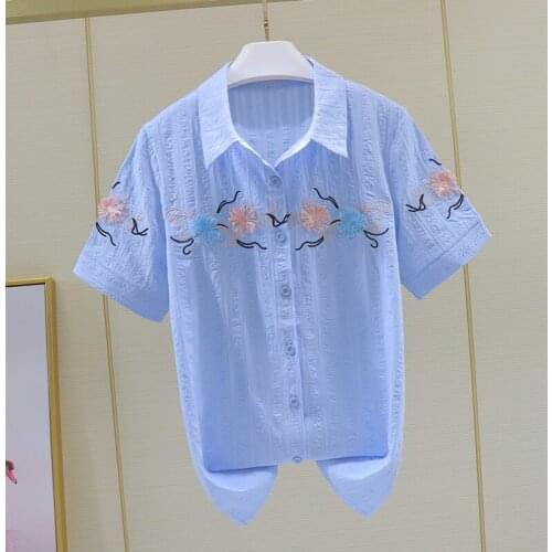 Cotton 100% Embroidery Women White Shirts Summer New Design 2021 Turn-Down Collar Casual Office Lady Elegant Outwear Coats Tops