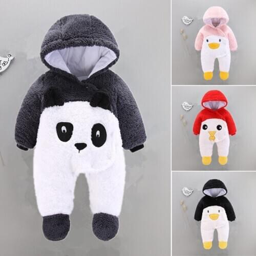 Coral Fleece Baby Rompers Winter Warm Newborn Girls Clothing Cartoon Panda Boy Clothes Hooded Down Snowsuit Infant Jumpsuits