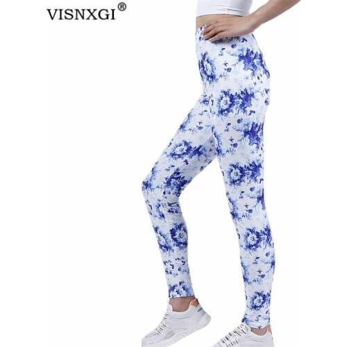 VISNXGI Workout Leggings Sport Fitness Running Pants High Waist Gym Elastic Women White Blue Floral Printing Polyester Bottom