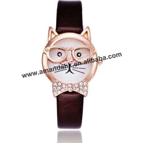 High Hot Fashion Lovely Cartoon Cats Face Watch Men Gold Neutral Diamond Leather Strap Cartoon Quartz Watch For Women Gift