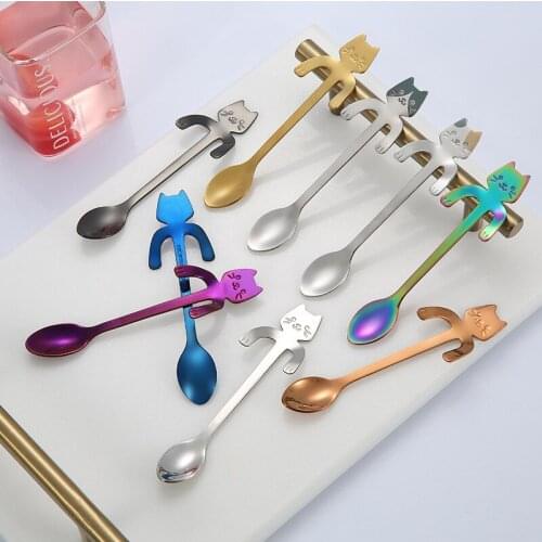 2pcs Cute Stainless Steel Cartoon Cat Spoon Stirring Spoon Hanging Coffee Spoon Mug Hanging Cup Spoon Tea Spoon Dinner Set