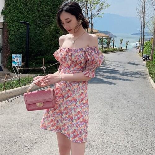 New Fashion Summer Mini Beach Dress Ladies Casual Elegant Vacation Clothes Sexy Strapless Lantern Sleeve Print Floral Sundress