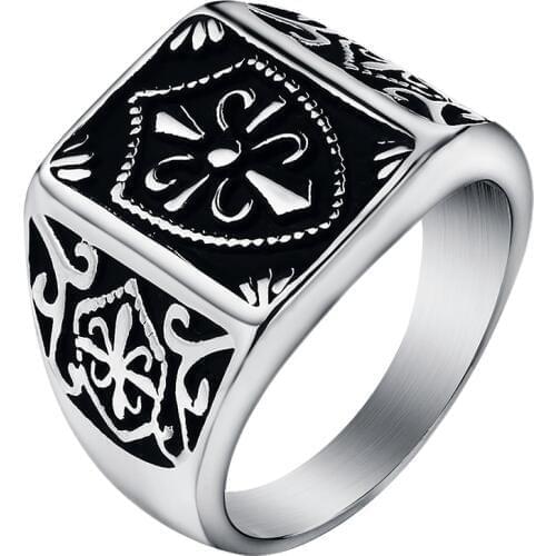 Fashion Gold Color Fleur De Lis Shield Ring Mens Silver-Color Cross Crest Signet Ring Stainless Steel Biker Jewelry Size 7-14