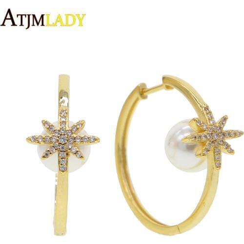 2019 summer new arrive micro pave cz northstar shape with inside Freshwater Pearls geometric round circle hoop huggie earring