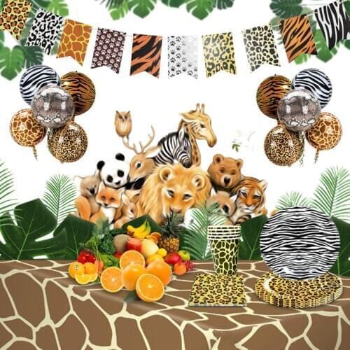 10 Guests Woodland Animals Disposable Tableware Leopard Strip Party Tiger Boy One Birthday Party Forest Aminal Party Baby Shower