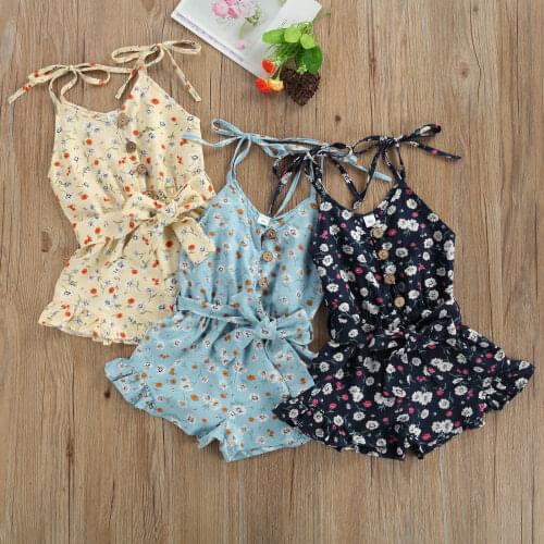 1-6Y Fashion Children Tie-dye Sling Printed Rompers Girls Sleeveless V-neck Ruffles Short Jumpsuit with Waistband Summer Clothes