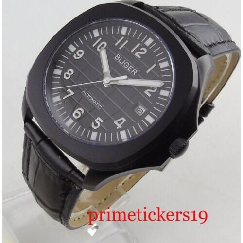 Luxury 39mm black dial date luminous hands PVD coated polished case automatic movement mens watch 2130