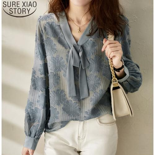 Bow Shirt Plus Size Women Clothing Casual Blue Blouse Floral Appliques Fashion V-neck Lace-up Loose Blouse Thin Clothes 13443