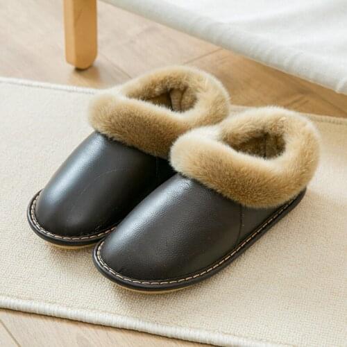 Genuine Leather Slippers Men Warm And Velvet Home Slippers Cotton-Padded Shoes Women Non-Slip Women Slippers Shoes