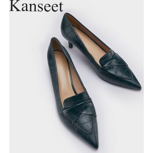 Kanseet 2021 New Womans Pumps Spring Autumn Black Green Genuine Leather Pointed Toe Fashion High Heels Elegant Handmade Shoes