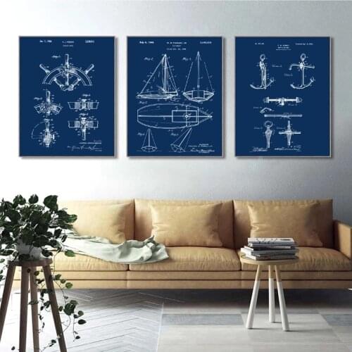 Sailboat Patent Print Vintage Poster Sailor Gifts , Yacht Anchor Ship Wheel Sailing Blueprint Nautical Wall Art Canvas Painting