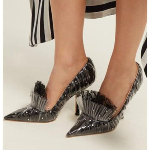 Womens Color Stitching Dot Decor Lace Clear Transparent Stilettos Pumps Sandals Slingbacks Shoes 5Colors Plus Size New 2021