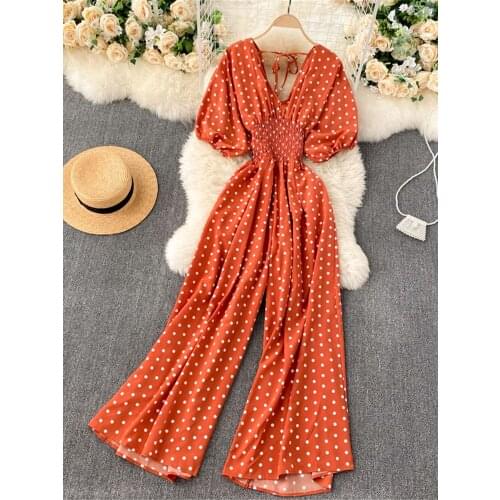 Summer Casual Polka Dot Romper Women Fashion Elegant V-Neck Puff Short Sleeve Jumpsuit Female Beach Wide Leg Playsuits