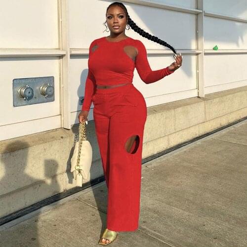 Hollow Out Womens Tracksuit Long Sleeve Round Neck Slim Fit T-shirts and Wide Leg Trouser Solid Loungewear Two Piece Outfits