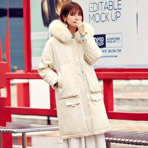 Winter Thicken Warm Long Down Jacket Women Pocket Down Jacket Coat Female Big Fur Collar Hooded Loose Korea Down Jacket AA5177
