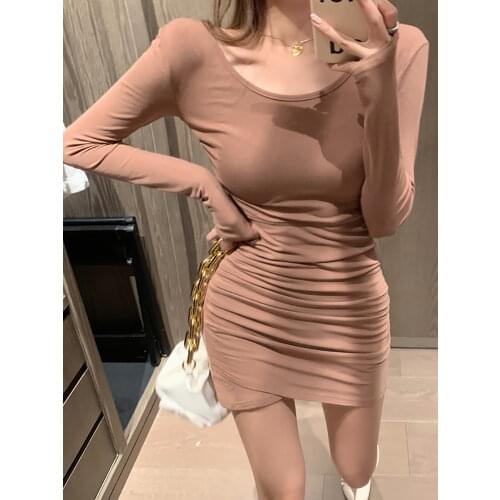 2021 Pleated Stretch Long Sleeve Women Bodycon Party Dresses Slim Spring Fashion Sexy Skinny Clubwear Mini Dress Solid Hot