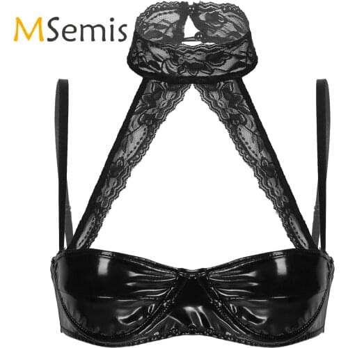 Womens Lingerie Bra Lace Halter Neck Patent Leather Underwired Bra Tops Lingerie Adjustable Spaghetti Strap Brassiere Clubwear