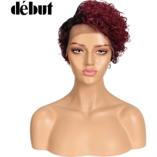 Debut Ombre Human Hair Wigs Short Curly Bob Lace Front Human Hair Wigs 99J Red Pixie Cut Lace Part Human Hair Wigs Cheap