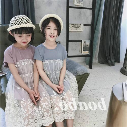 Children Girls Fake Two Pieces Floral Dress Girl Princess Dress Fashion Lovely Children Mesh Patchwork Lace Dresses Baby Clothes