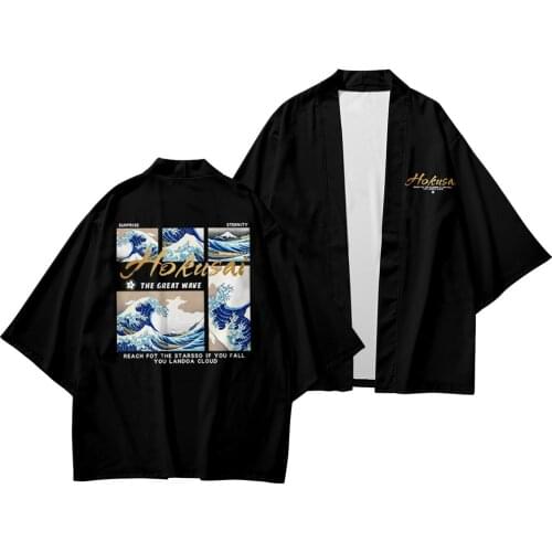 Men Daily Lounge Streetwear Fashion Vintage Black Print Kimono Pants Suit Japanese Samurai Cardigan кимоно японский стиль