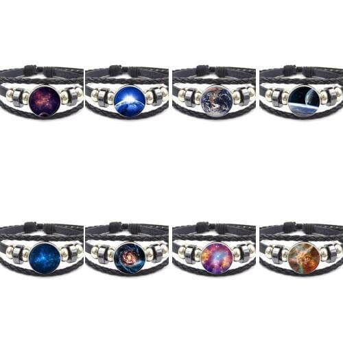 EJ Glaze For Women Choker Northern Lights Glass Cabochon Black Leather Bracelet Bangle Vintage Handmade Jewelry